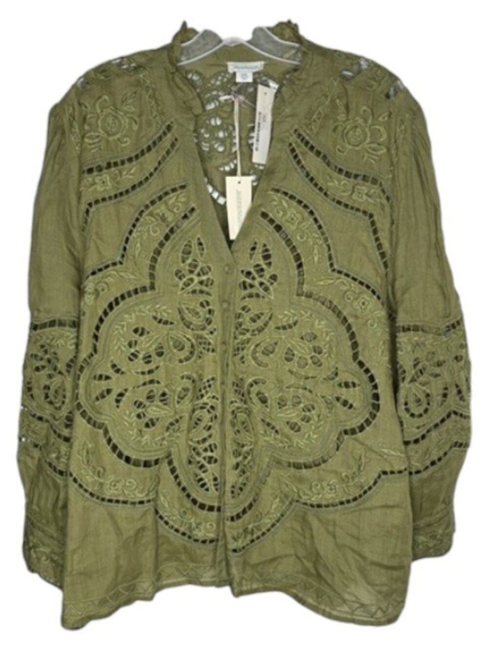 Sundance 2-Piece Embroidered Cutwork Full Sleeved Split Neck Top - XXL - Olive